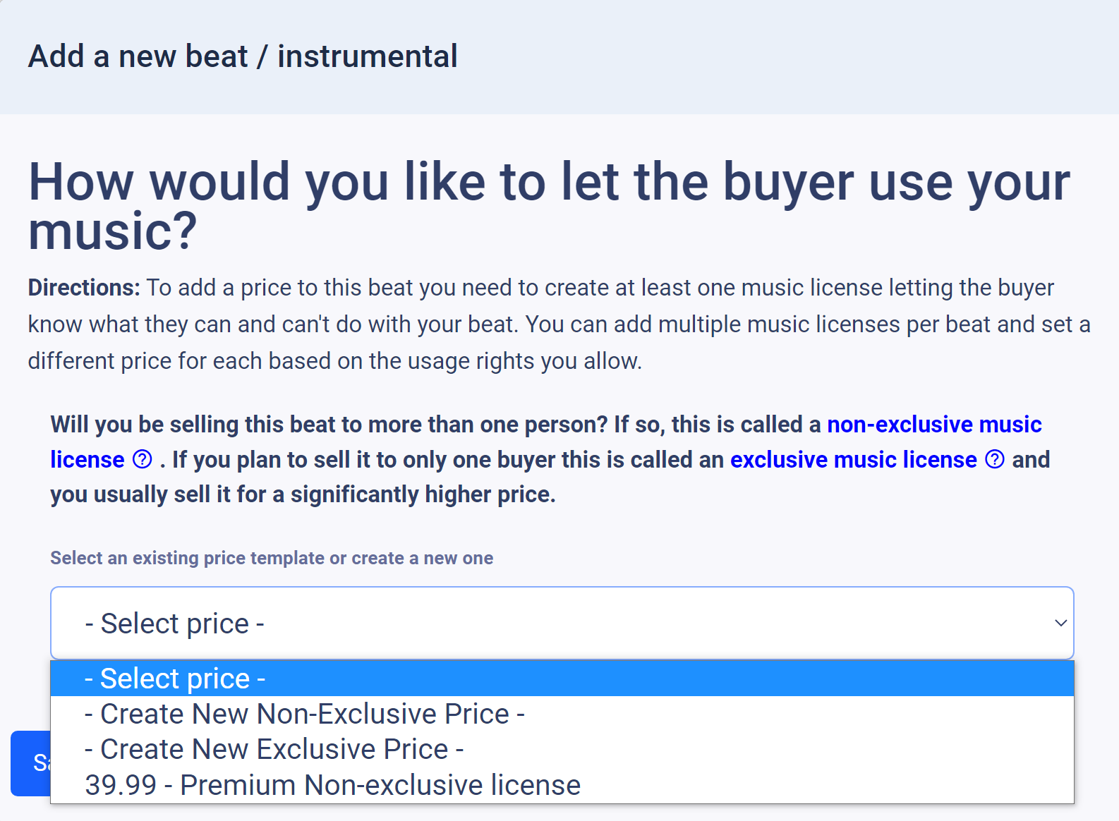 SharePro-Marketplace-Beats-Manager-add-price-upload-beats-select-drop-down-shown.png